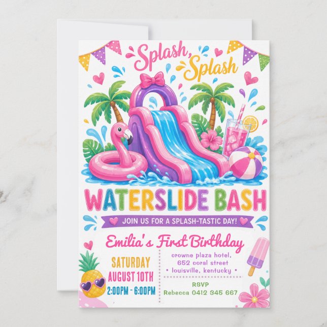 Invitation Anniversaire Fille Piscine Été Toboggan (Devant)