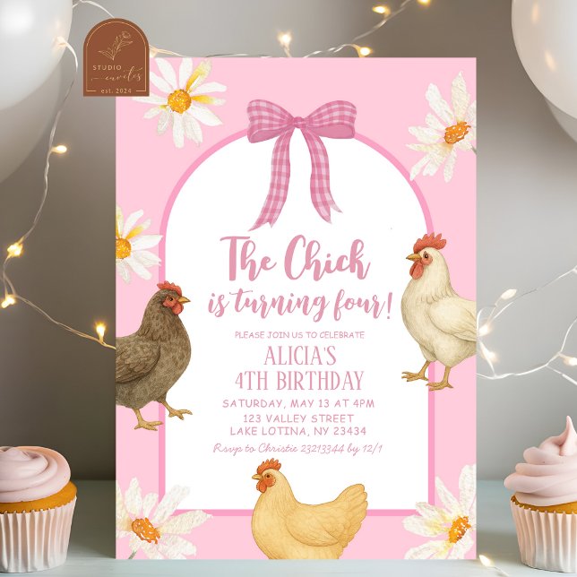Invitation Anniversaire Fille Poulet Bohème Florale Coquette (Créateur téléchargé)