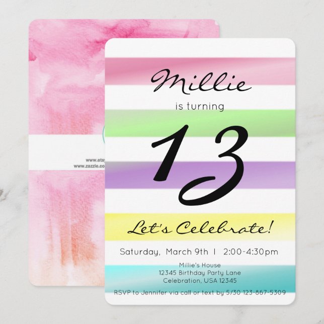 Invitation Anniversaire Fille Rayures Arc-en-ciel Pastel (Devant / Derrière)