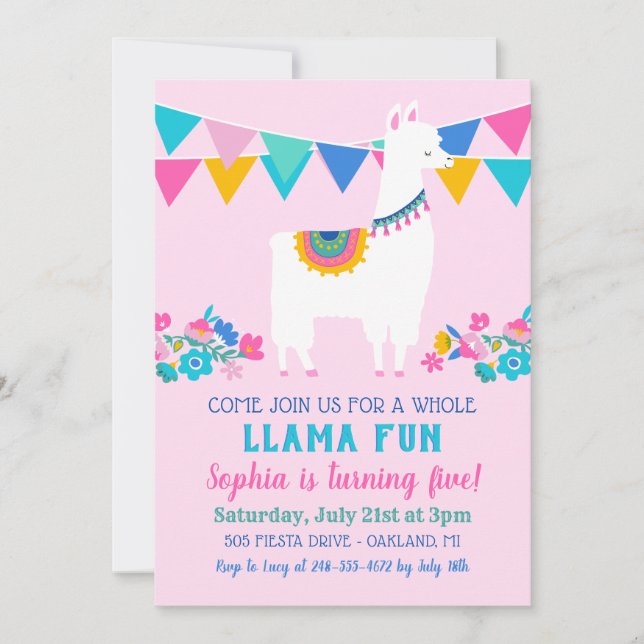 Invitation Anniversaire Fille Rose Floral Fun Lama Entier (Devant)