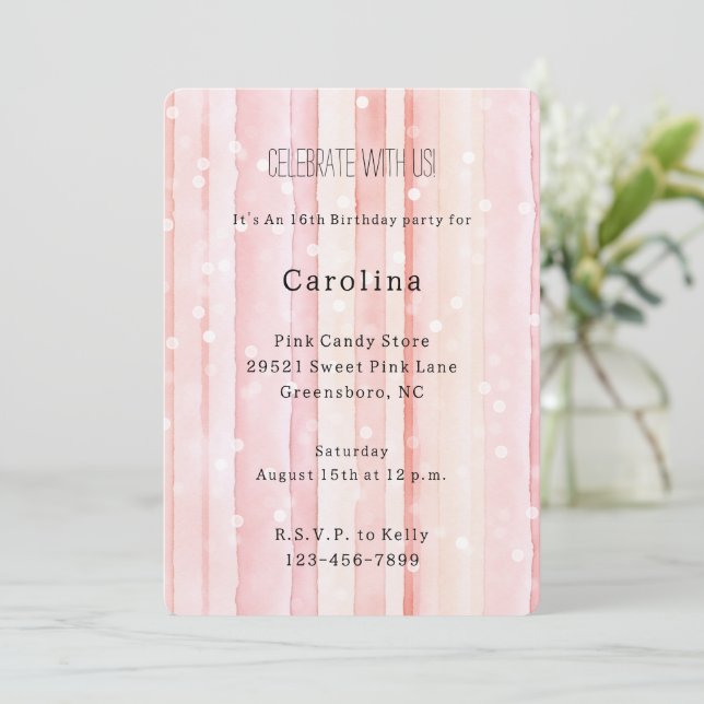 Invitation Anniversaire Fille Rose Pâle Rayures Points Blancs (Debout devant)