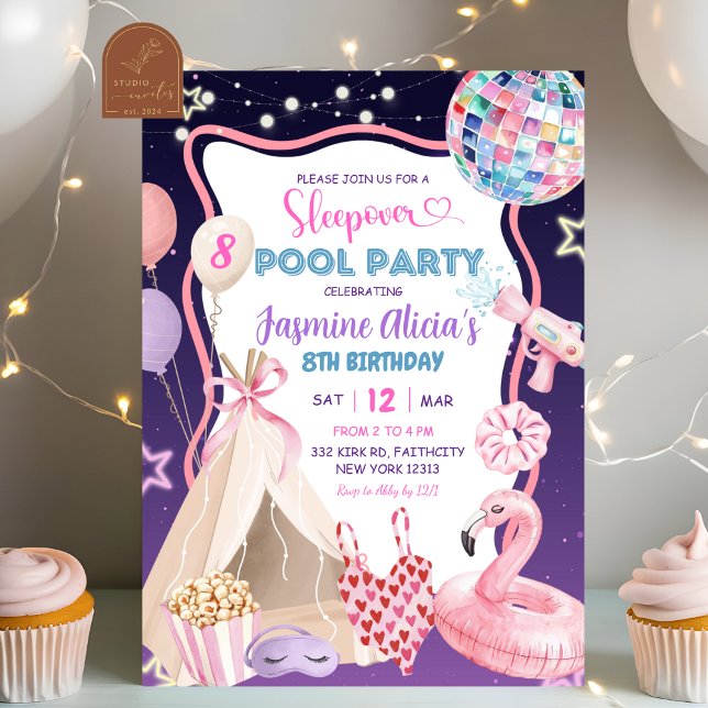 Invitation Anniversaire Fille Rose Violet Pyjama Party Piscin (Créateur téléchargé)