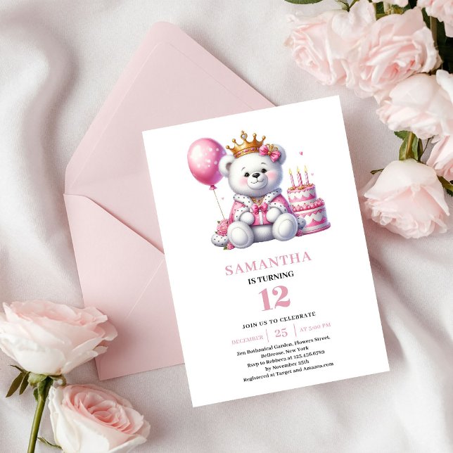 Invitation Anniversaire Fille Thème Ours en Peluch (Girl Birthday Invite Teddy Bear Pink Ivory Theme)