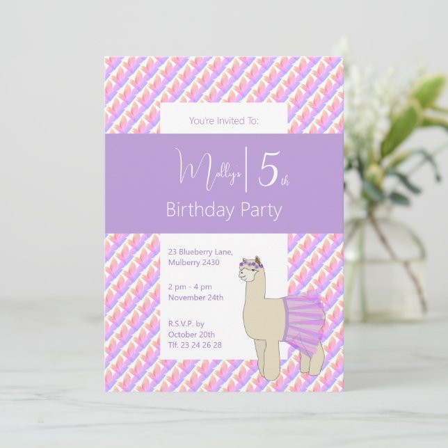 Invitation Anniversaire Filles Lama Violet Arc-en-ciel (Debout devant)