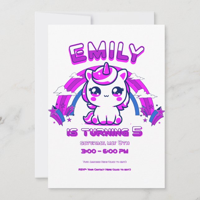 Invitation Anniversaire Filles Licorne - Modifiabl (Devant)