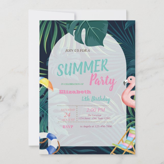 Invitation Anniversaire Flamant Rose Feuille de Palmier  (Devant)