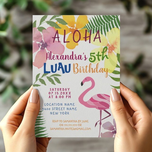 Invitation Anniversaire Flamant Rose Luau Aloha (Créateur téléchargé)