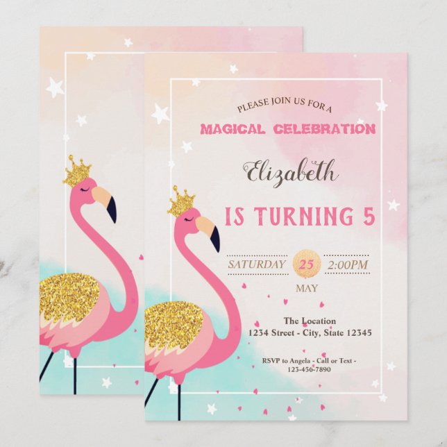 Invitation Anniversaire Flamant Rose Pailleté Adorable (Devant / Derrière)