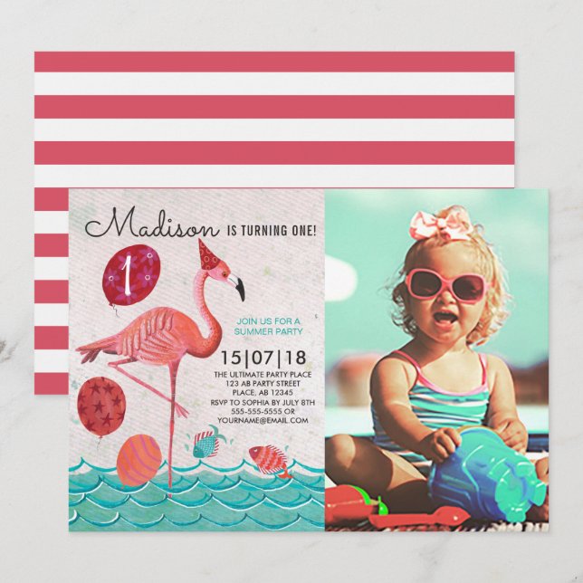 Invitation Anniversaire Flamant rose turquoise et rose Tropic (Devant / Derrière)