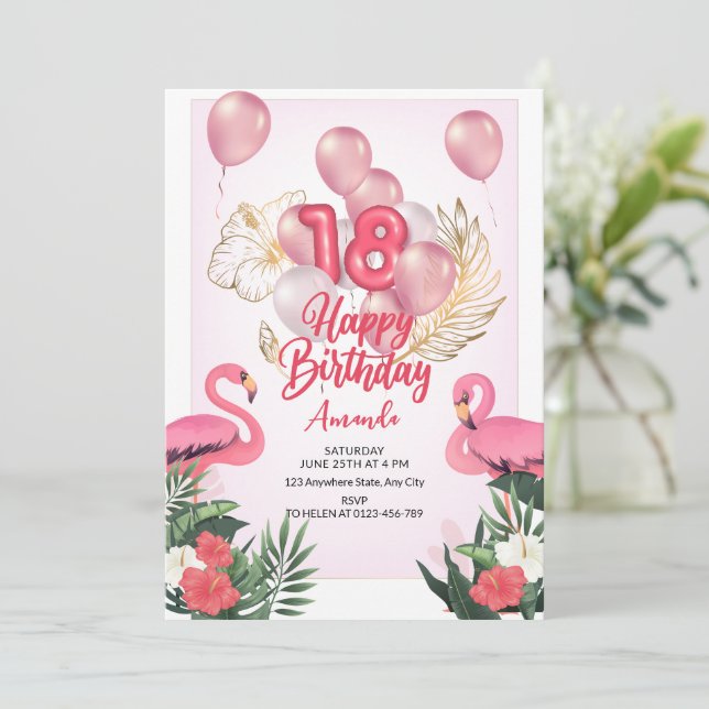 Invitation Anniversaire Flamant Tropical 18e Anniversaire Été (Debout devant)