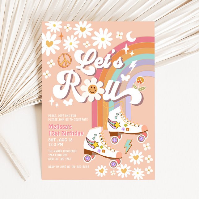 Invitation Anniversaire Fleur de Daisy Rétro Groovy en Roller (Créateur téléchargé)