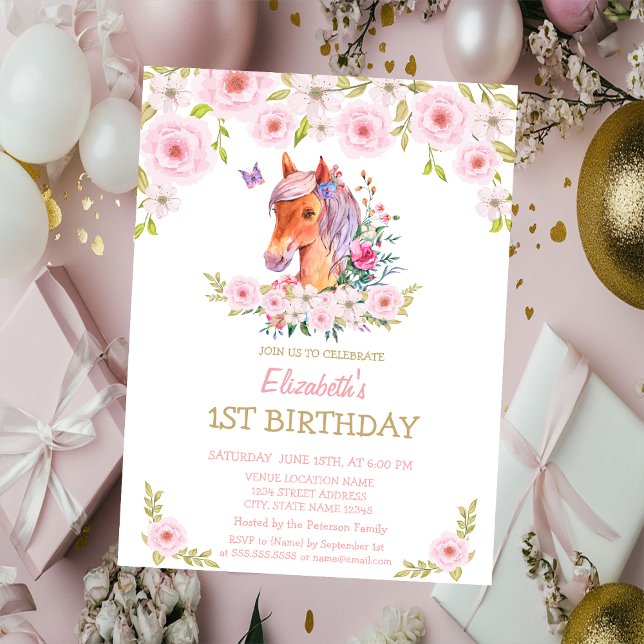 Invitation Anniversaire Fleur Poney Pailleté Or (Créateur téléchargé)