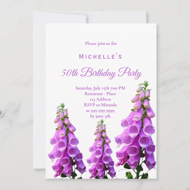 Invitation Anniversaire fleur sauvage rose violet blanc (Devant)