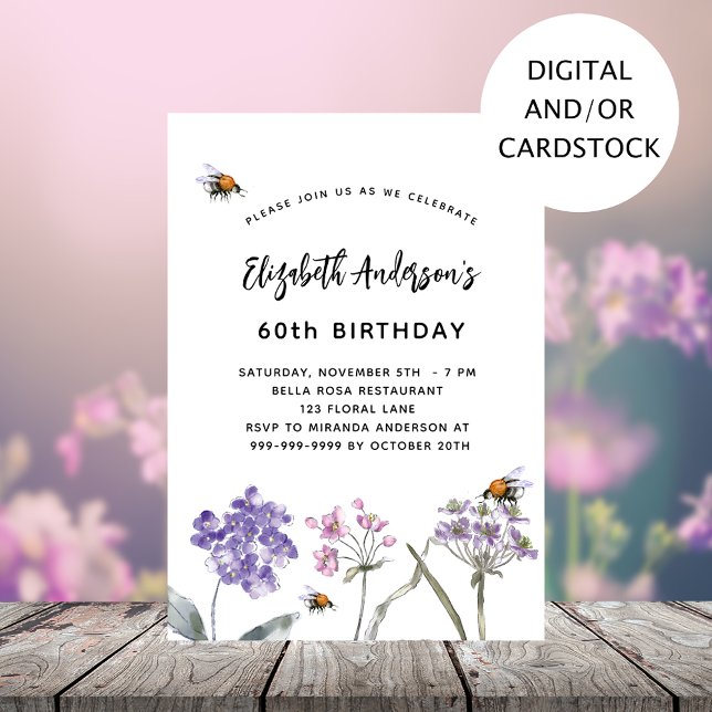 Invitation anniversaire fleur sauvage violet rose (Créateur téléchargé)
