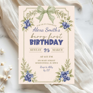 Invitation Anniversaire Fleur Vert Sauge Bleuet Baie Premier