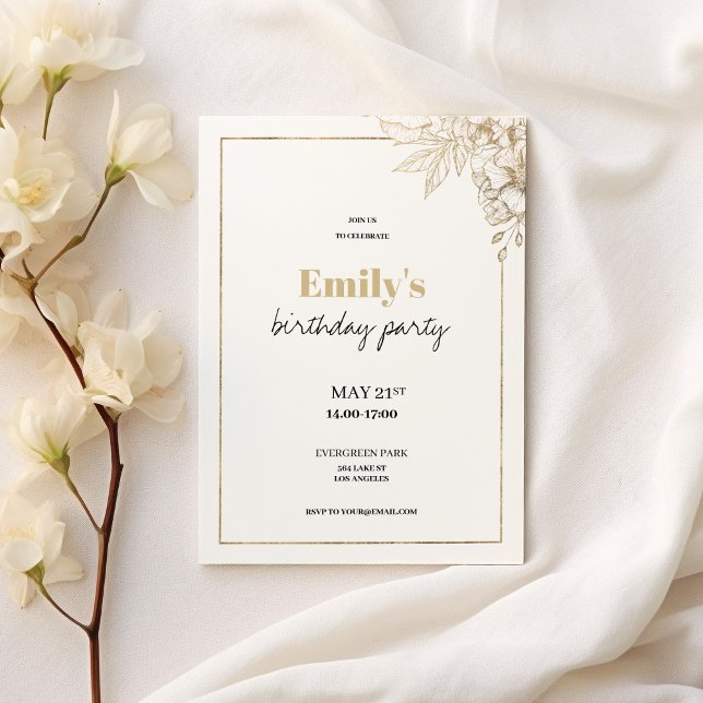 Invitation Anniversaire fleuri élégant en or blanc de luxe (Luxury white gold elegant floral birthday )
