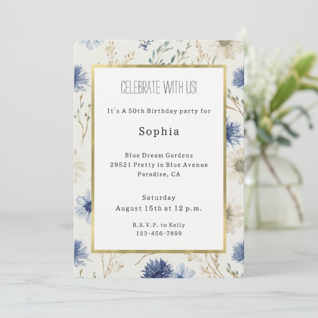 Invitation Anniversaire Fleurie Bleu Blanc (Debout devant)
