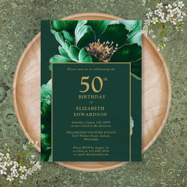 Invitation Anniversaire Fleurie Vert Emeraude Et O (Emerald Green And Gold Floral Birthday Invitation)