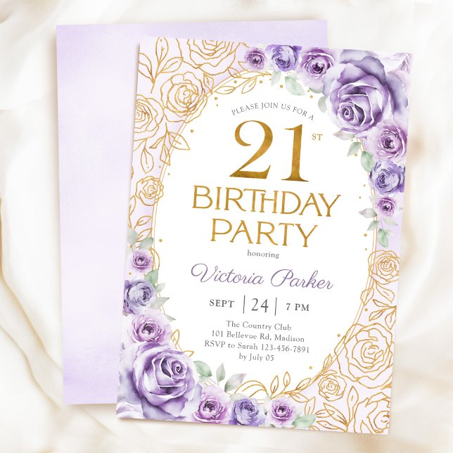 Invitation Anniversaire Fleuris 21 Ans Lilas Violet Or (Créateur téléchargé)