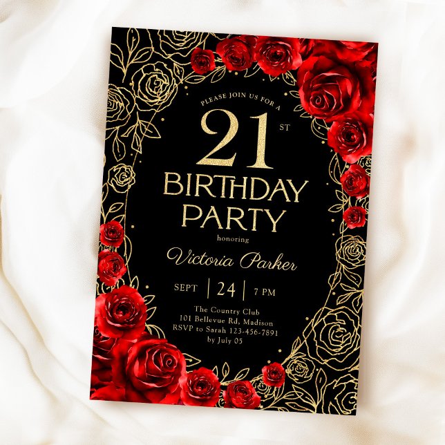 Invitation Anniversaire Fleuris 21 Ans Rouge Noir Or (Créateur téléchargé)