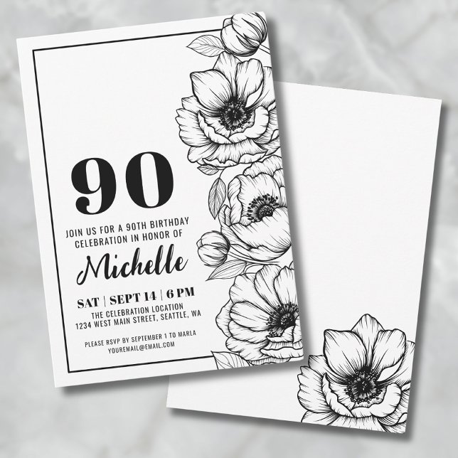 Invitation Anniversaire Fleurs 90 Ans (Elegant Floral 90th Birthday Invitation)