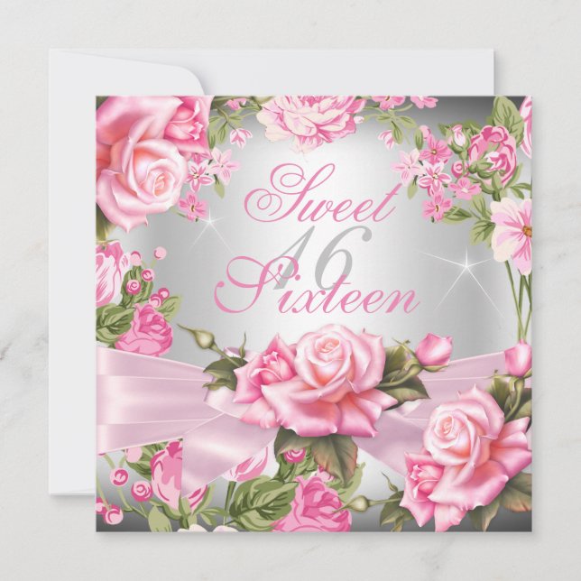 Invitation Anniversaire Fleurs Argent Ruban Rose Rose 16 Ans (Devant)
