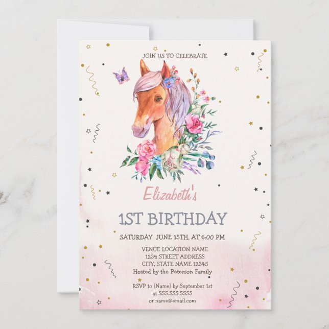 Invitation Anniversaire Fleurs de Poney Aquarelle  (Devant)