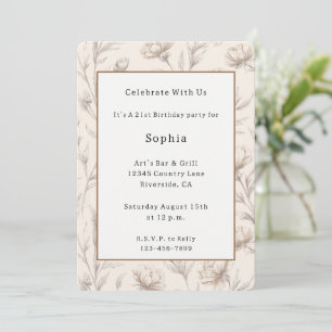 Invitation Anniversaire Fleurs Esquissées Crème