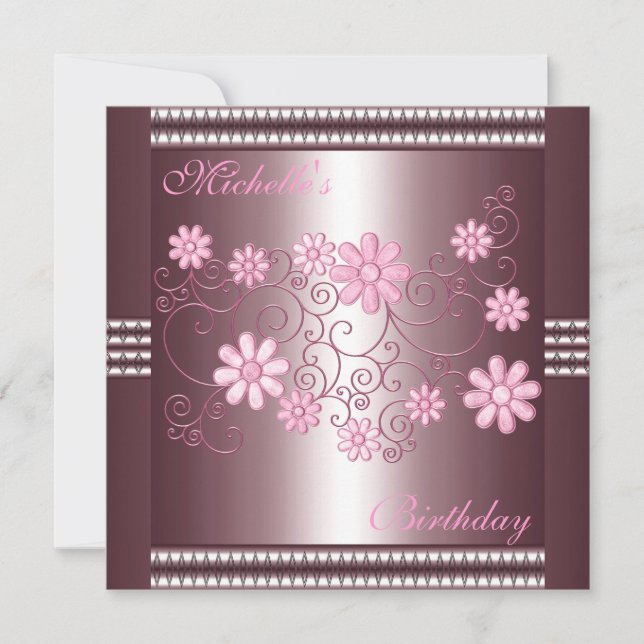 Invitation Anniversaire Fleurs Roses (Devant)