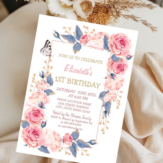 Invitation Anniversaire Fleurs Roses Papillon Rayé (Créateur téléchargé)