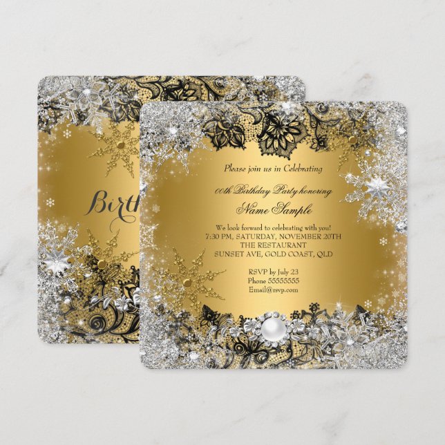 Invitation Anniversaire Flocon de Neige Argent Dentelle Noir  (Devant / Derrière)