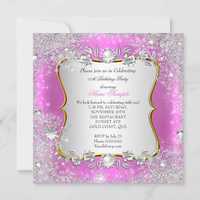 Invitation Anniversaire Flocon de Neige Rose Argent Wonderlan (Devant)