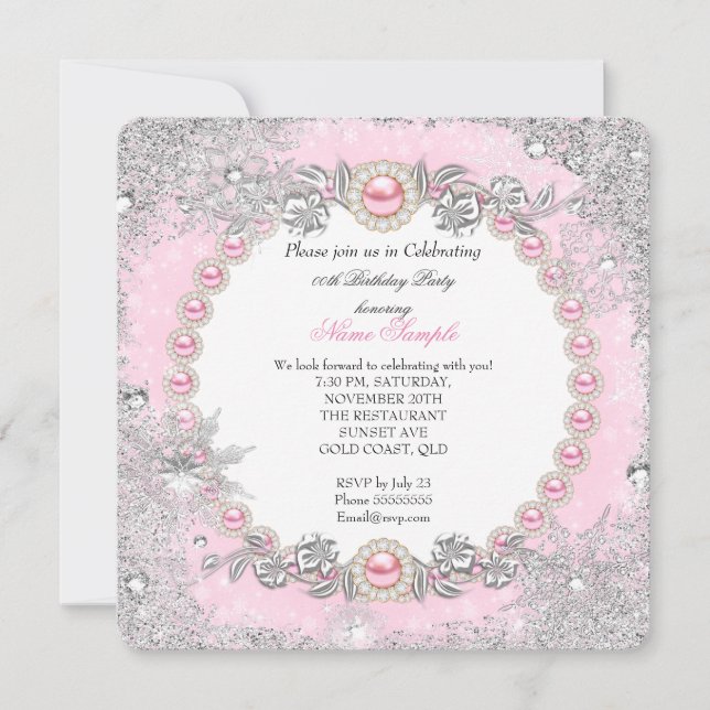 Invitation Anniversaire Flocon de Neige Rose Pearl Winter Won (Devant)