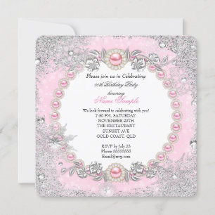 Invitation Anniversaire Flocon de Neige Rose Perle Hiver Merv