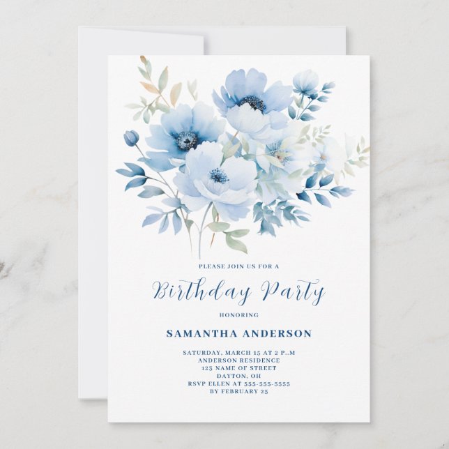 Invitation Anniversaire Floral Bleu (Devant)