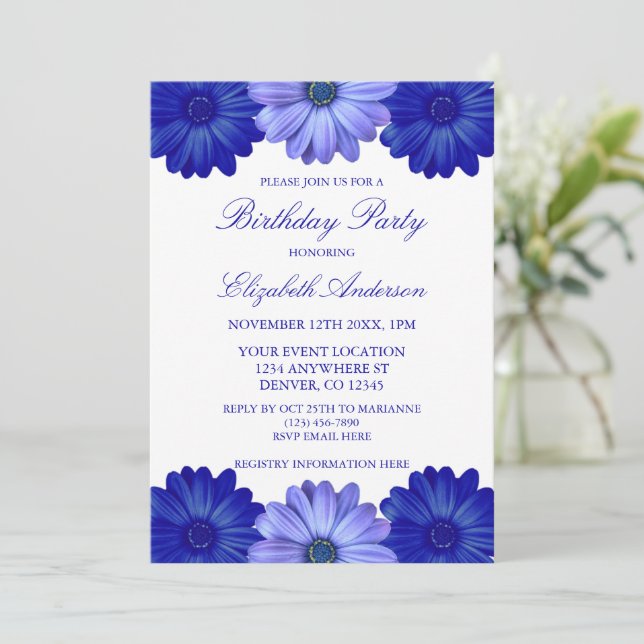 Invitation Anniversaire Floral Bleu (Debout devant)
