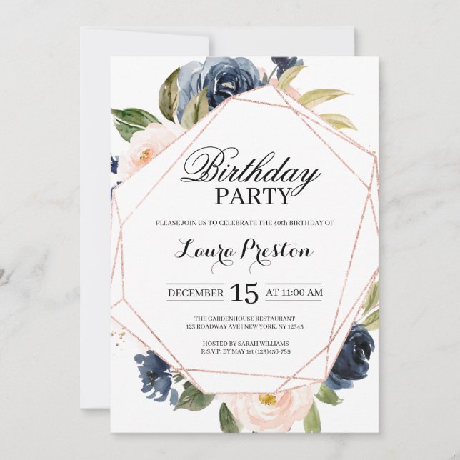 Invitation Anniversaire floral bleu marine et rose pâle (Devant)