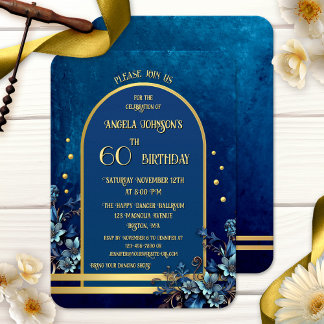 Invitation Anniversaire Floral Bleu Or Classique Élégant