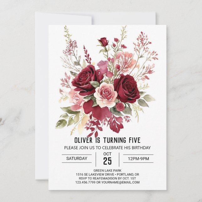 Invitation Anniversaire floral bordeaux simple enchanté (Devant)