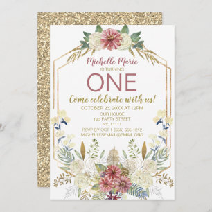 Invitation Anniversaire floral d'aquarelle vintage d'or