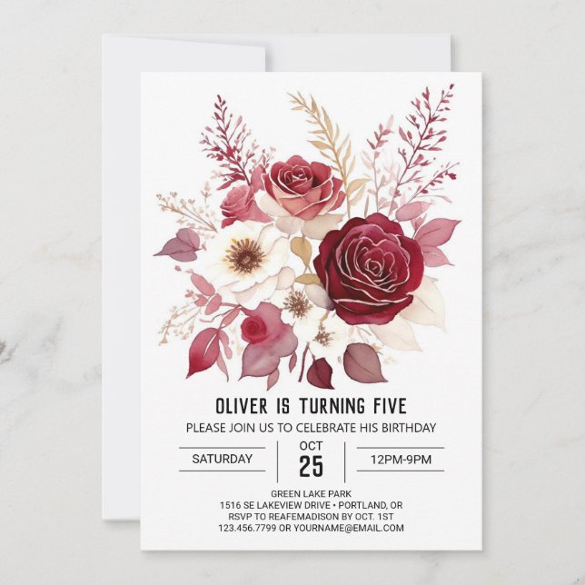 Invitation Anniversaire floral de Bourgogne Fleur sauvage (Devant)