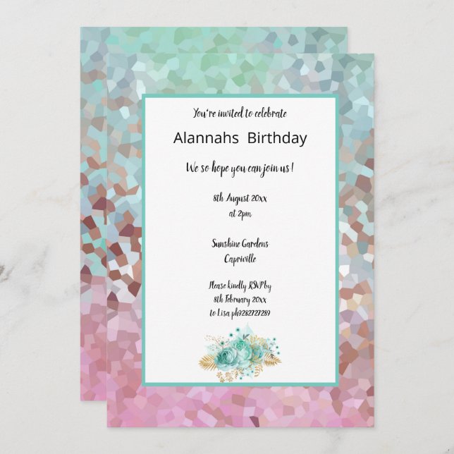 Invitation Anniversaire floral de Dream Aqua Pixellée (Devant / Derrière)