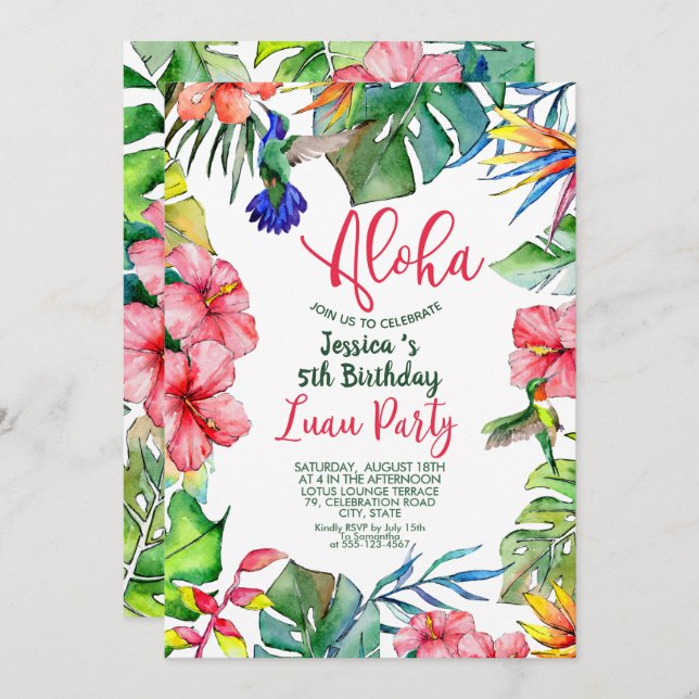 Invitation Anniversaire floral de Luau hawaïen tropical (Devant / Derrière)