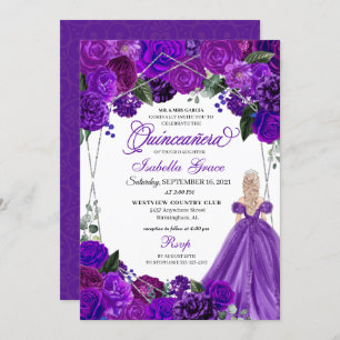 Invitation Anniversaire floral de Quinceanera violet élégant