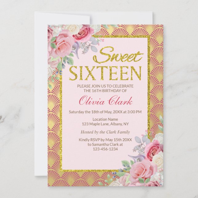 Invitation Anniversaire floral de sweet sixteen de rose de (Devant)