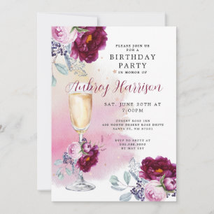 Invitation Anniversaire Floral de verre de Champagne