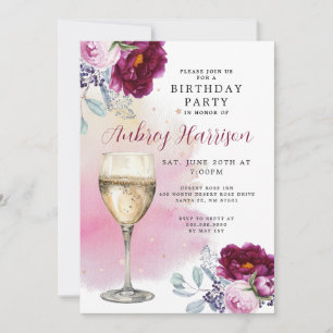 Invitation Anniversaire Floral de verre de Champagne