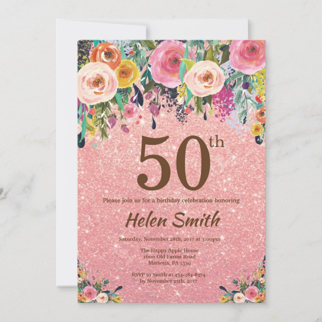 Invitation Anniversaire floral d'or de rose rose de parties (Devant)