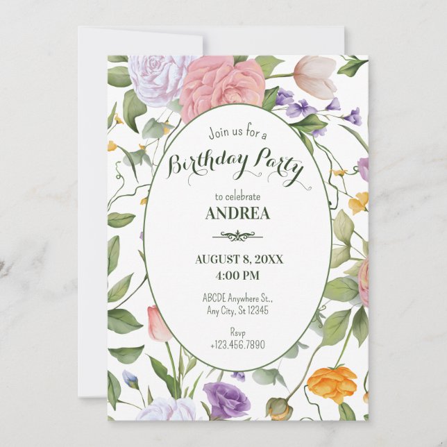 Invitation Anniversaire floral doux (Devant)
