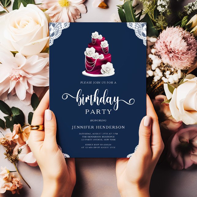 Invitation Anniversaire floral élégant de la Marine Bleue Bou (Elegant Navy Blue Burgundy Floral Birthday Invitation)